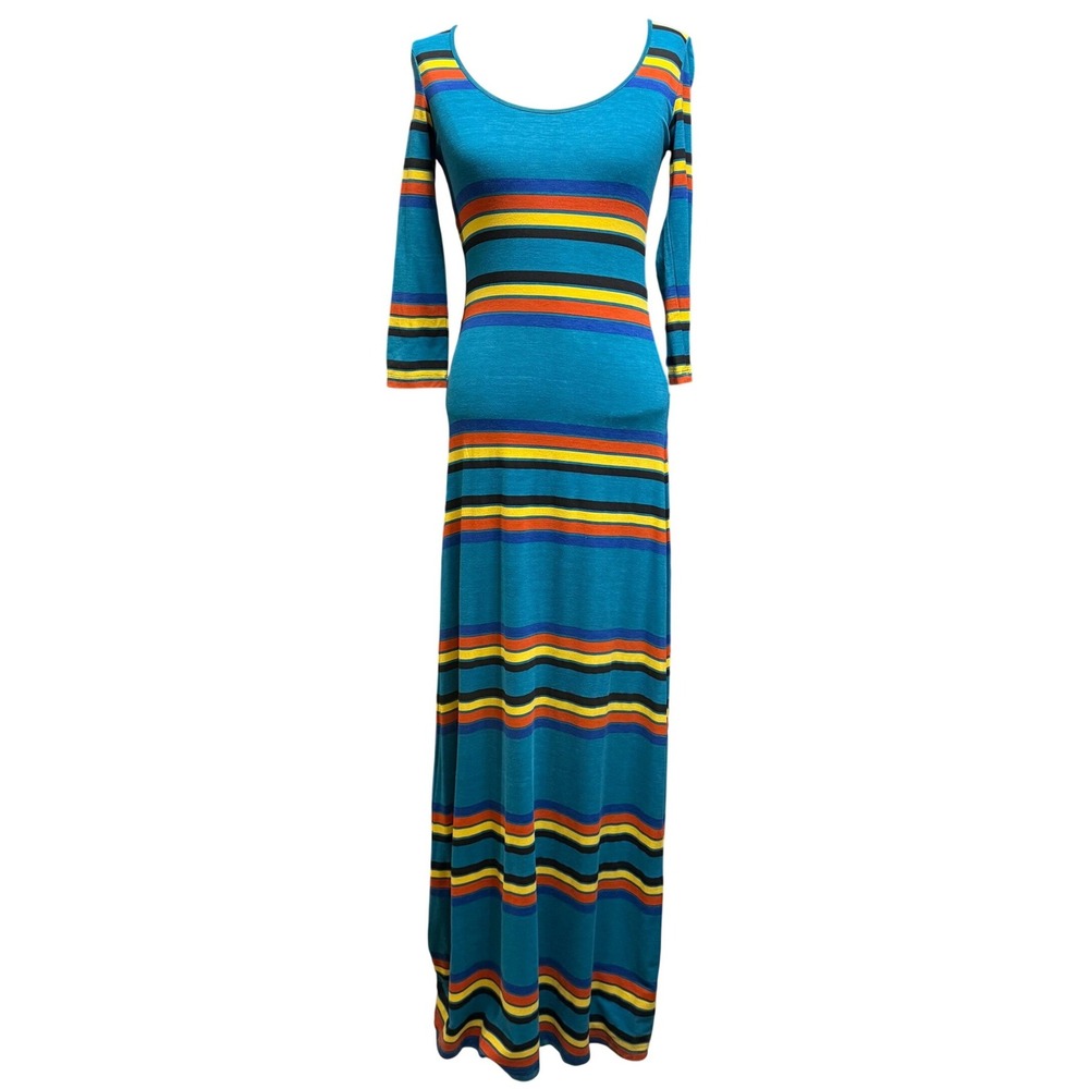 Hive & Honey XS 3/4 Maxi Dress Teal Multicolor Striped Bodycon Boho Retro 70s